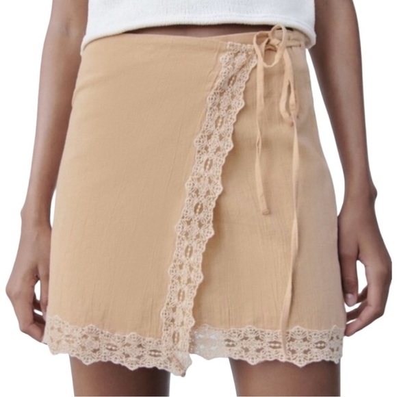 Zara Dresses & Skirts - Zara Khaki and Lace Trim Wrap Mini Skirt